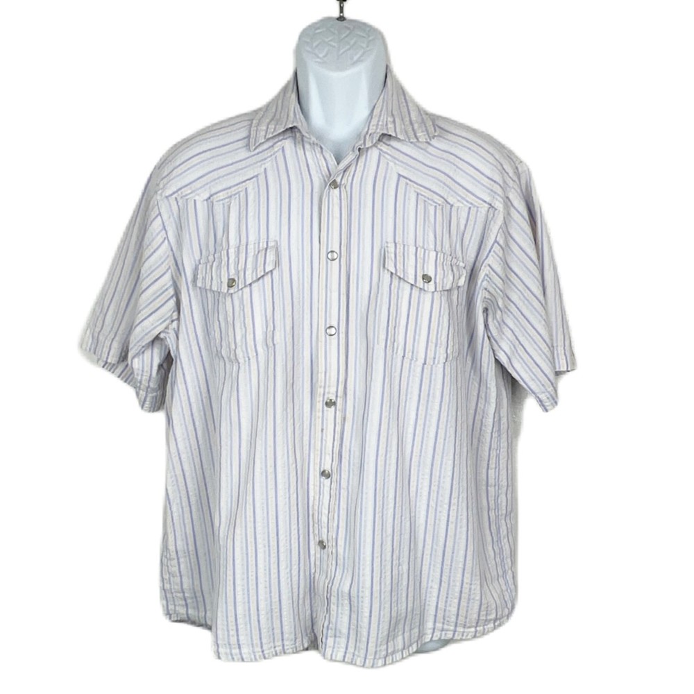 Moda Tech Button Down Shirt Men Large Purple Striped Short Sleeve Snap Button